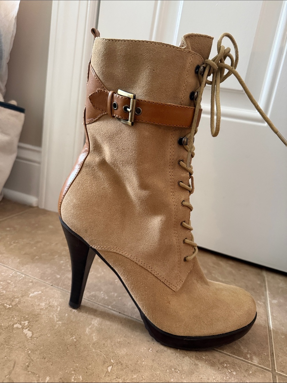 Guess Tan Suede Lace-Up Heeled Ankle Boots with Buckle Strap - Picture 5 of 7